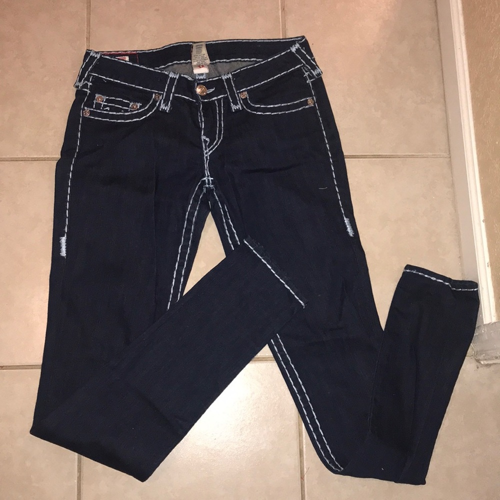 True Religion with baby blue stitch